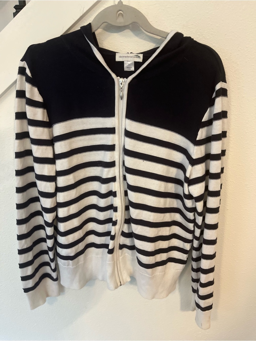 Christopher & Banks Black and White Striped Zip Hoodie Cardigan